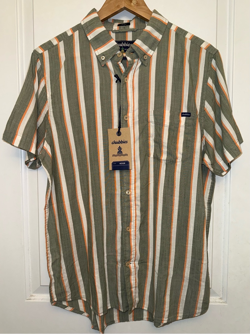 Chubbies NWT “Sahara Breeze" Slub Poplin Friday Shirt in Sage Green Multi-Stripe